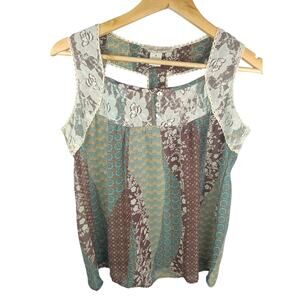 Fun & Flirt Teal & Brown Lace Crochet Trim Patchwork Camisole